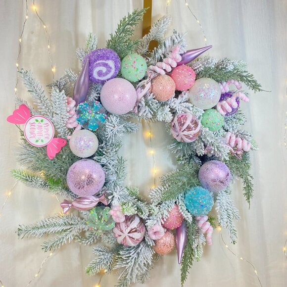 Peppermint Square Pastel Candy Frosted Pine 24" Holiday Christmas Wreath Rare - Picture 9 of 16